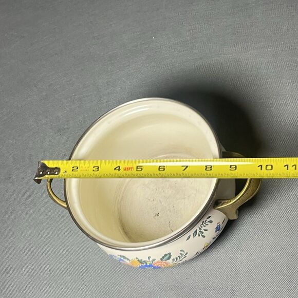 Vintage Kamenstein Dutch Oven W/Lid Enamel & Brass Cookware Floral 2 Quart Pot - Picture 7 of 11